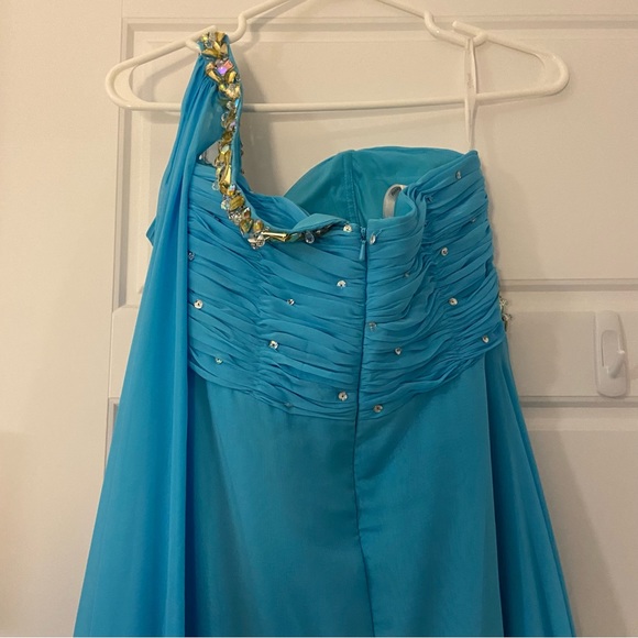 Tiffany Designs Bright Light Blue & Gold One Shoulder Maxi Formal Prom Dress - Picture 10 of 12